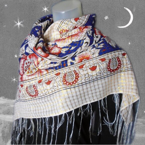 Fringed Shawl with Lots of Metallic Gold NWOT - Hippie Boho Bohemian Scarf - Picture 1 of 10